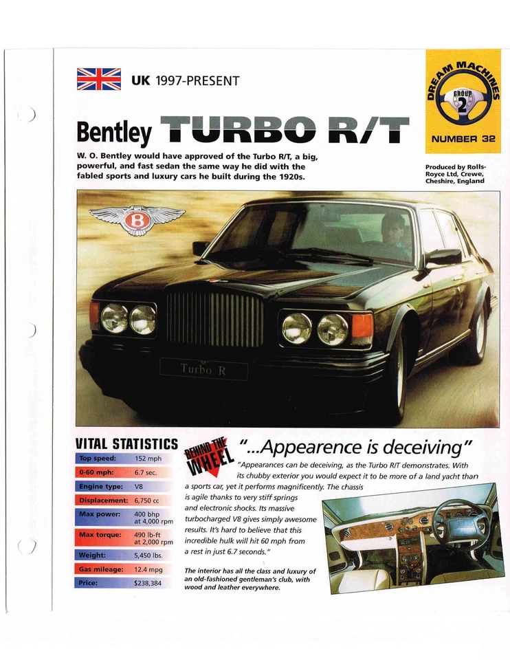 1997/1998 BENTLEY TURBO R/T SPEC SHEET/Brochure/Catalog - Image 2 of 3