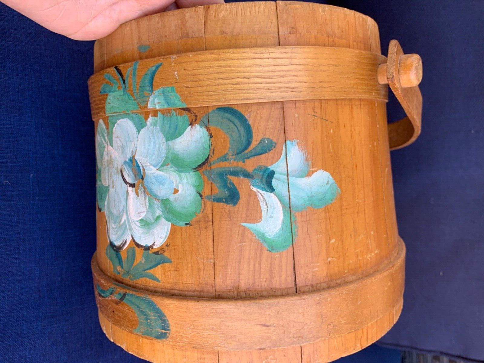 Large Vintage Antique Wooden Hand Painted Tole Firkin w Lid Folk Art  Bucket