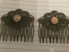  2 Retro Pink Glitter Druzy Cabochon Vintage Bronze Filigree Small Hair Combs