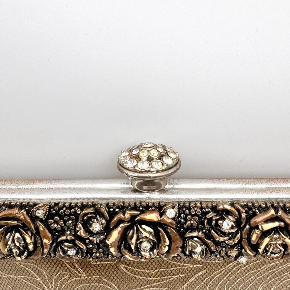 1950s 60s Clear Vinyl Clutch Purse Gold Floral Jeweled Detail Kiss Lock Vintage Foto 3 de 4