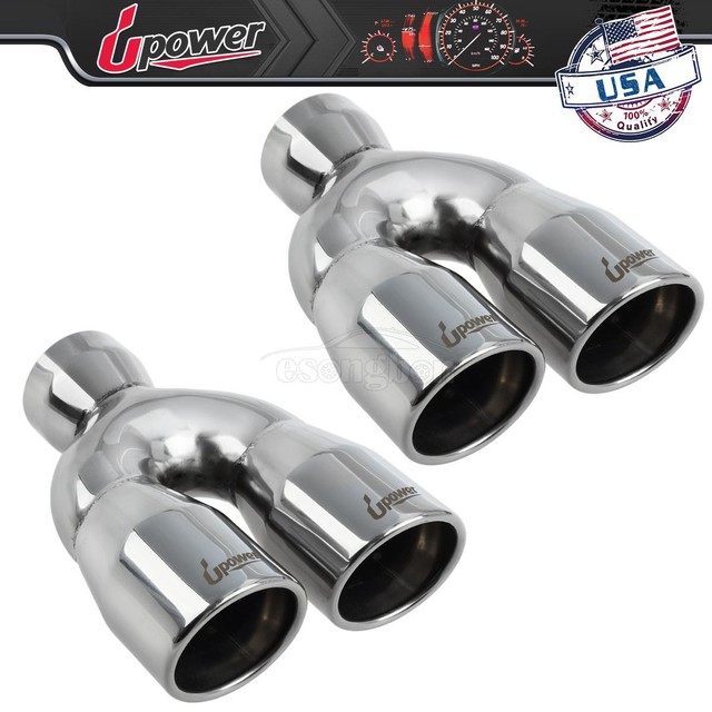 2pcs 304SS Polish Dual Exhaust Tip Pipe Double Wall Slant 2.5"ID 3"OD 9