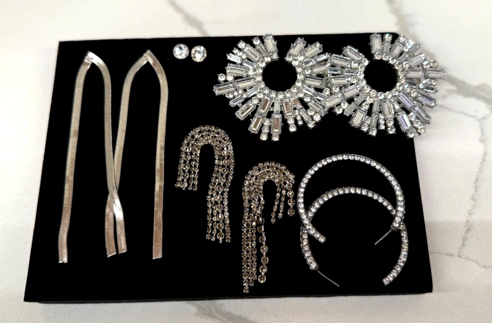 Lote de 5 pares de pendientes tono plata, diamantes de imitación y circonita cúbica - gotas de cristal brillante Foto 2 de 4