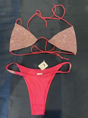 NPC Body Building New Bikini  2 pc Pink Rhine Stone  Size L Competition