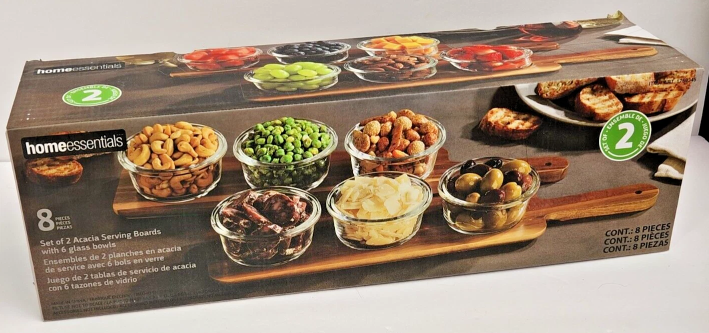Home Essentials Table Setter 2 Acacia Wood Serving Boards 6 Glass Bowls Set New