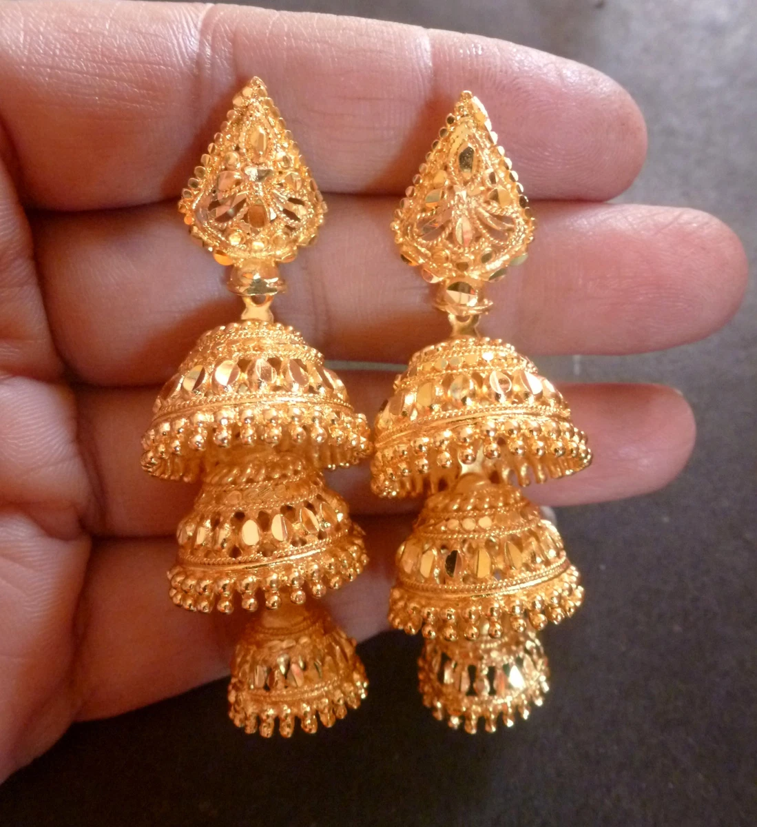 22K Gold Plated 3 Steps Indian Bridal Party Jhumka Jhumki Earrings Set