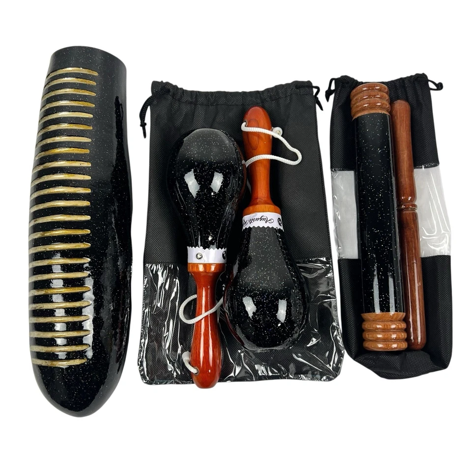 Salsa Guiro 14", Leder Maracas & Sparkle Trio passendes Set.