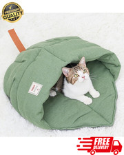 Cat Sleeping Bag Linen Cave Bed Hooded Pet Nest Cozy Hideaway Washable Green
