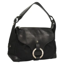 BVLGARI Logo Mania Shoulder Bag Leather Canvas Black Silver Auth bs27432