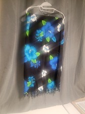 Hibiscus Floral Sarong Pareo Beach Wrap Black/Blue Fringe Boho