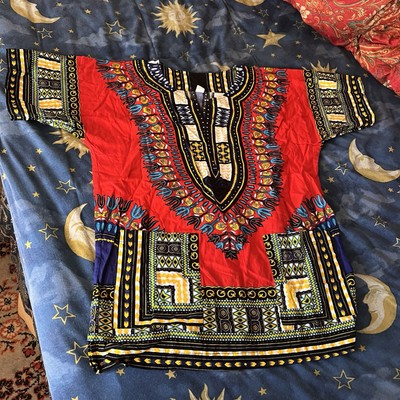 Dashiki Shirt M Red Cotton Colorful Tribal Pattern Ethnic Boho Festival Pockets