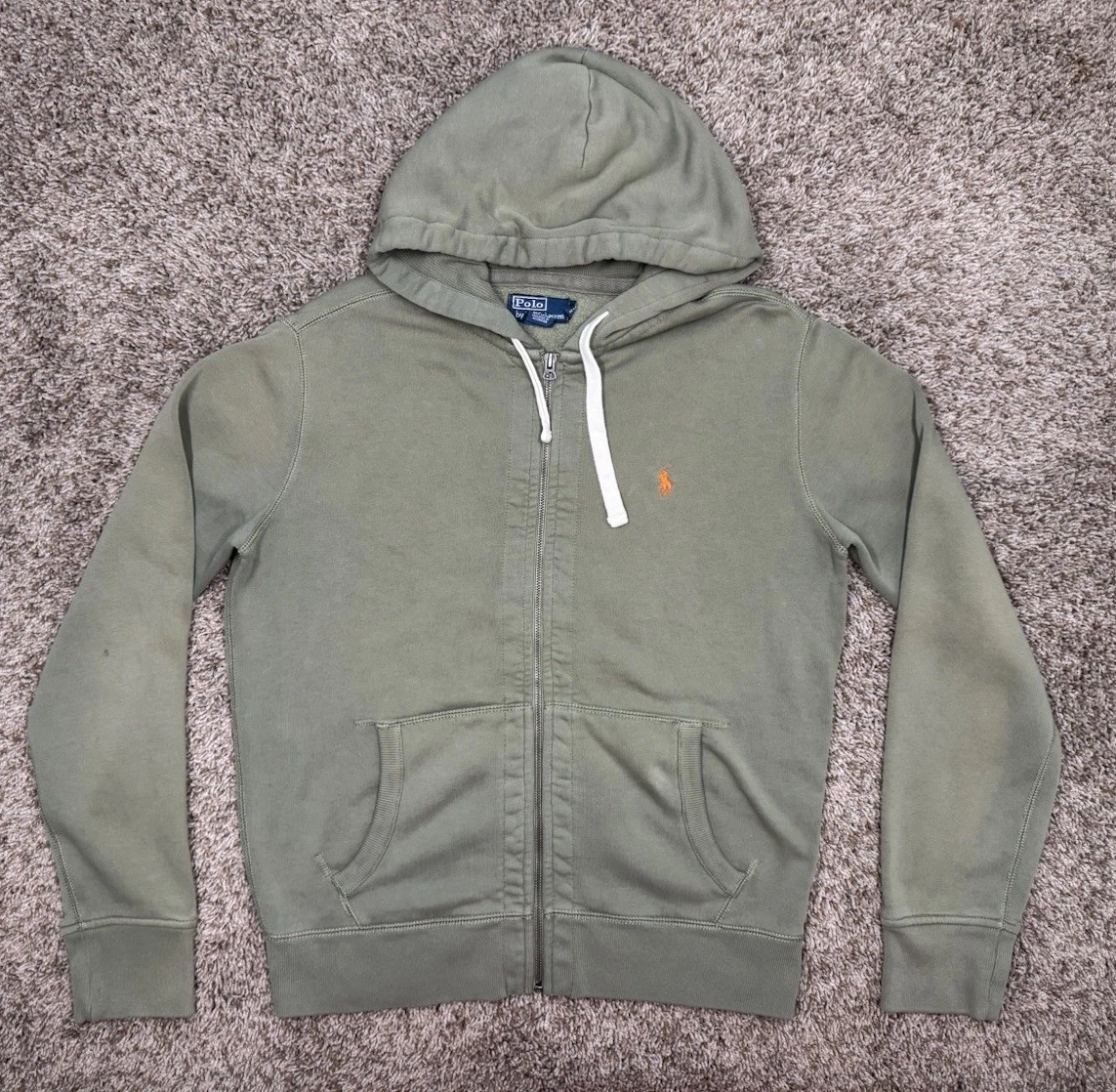 Polo Ralph Lauren Hoodie Men Medium Waffle Thermal Zip Military Green Distressed