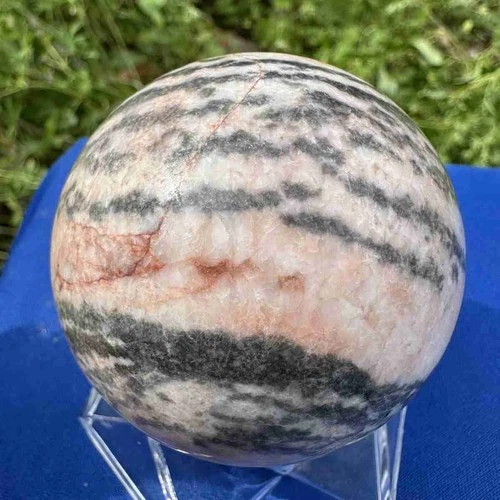 355g natural pink zebra stone sphere quartz crystal polished ball healing