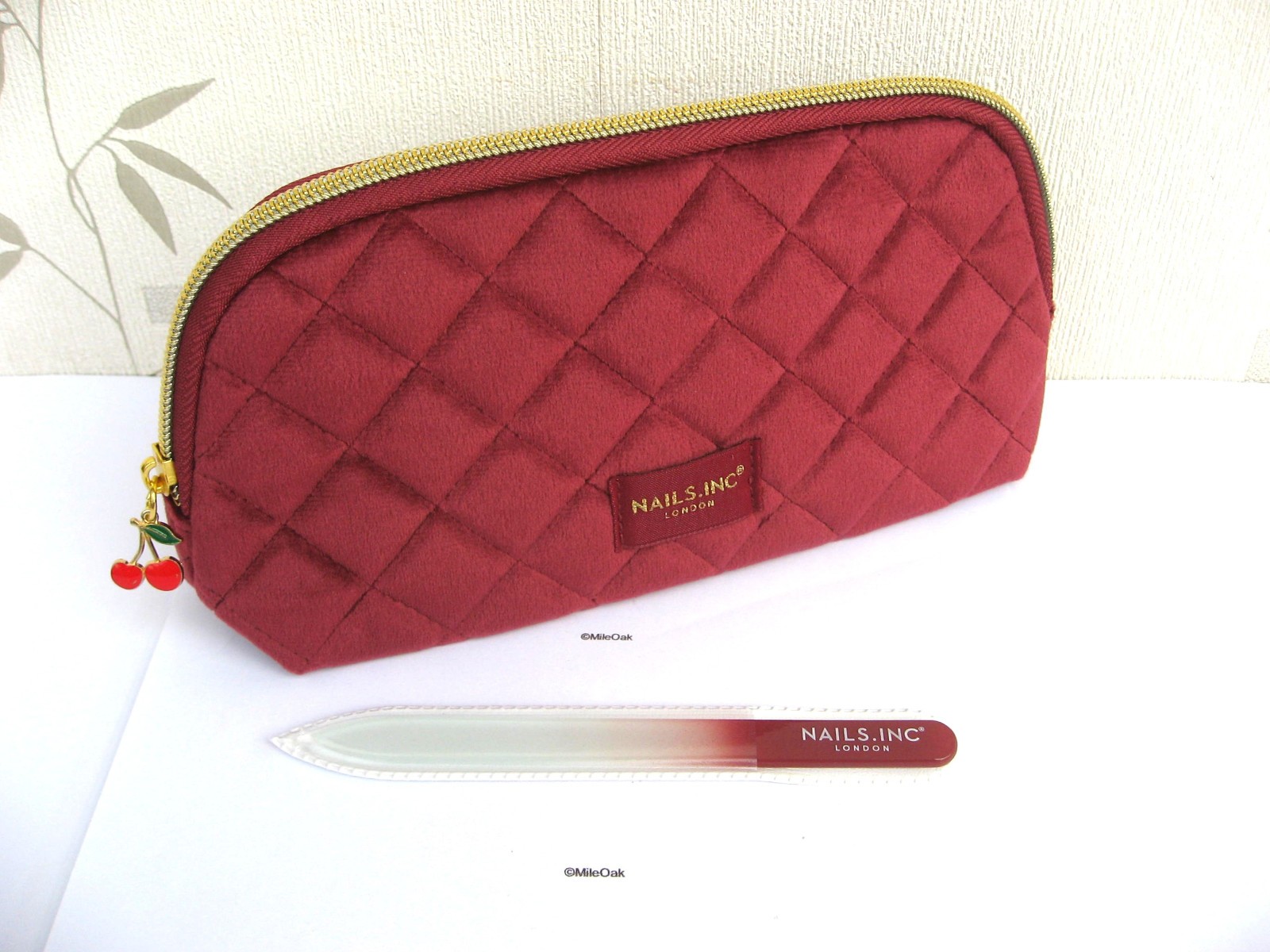 Nails Inc Burgendy Red Velvet  Bag with matching crystal nail file New