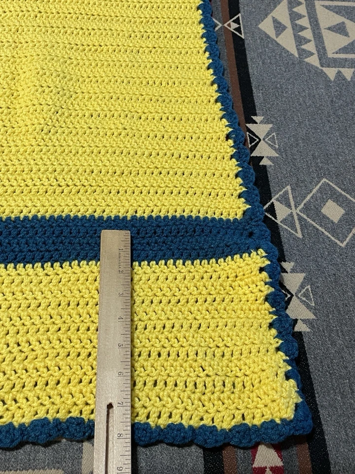 Manta afgana de ganchillo hecha a mano amarillo azul a rayas Ucrania 28x40 M4 Foto 3 de 4