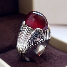 Blood Red Yemeni Aqeeq, 925 Sterling Silver Natural Agate Handmade Ring For Men