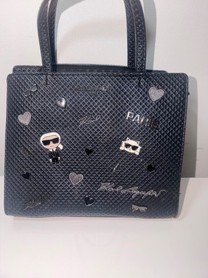 KARL LAGERFELD Black Women's Satchel Top Handle Zip Choupette Pouch Lined