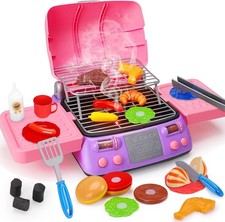 Kids BBQ Grill Playset Kitchen Toy Set with Pretend Smoke Sound Light Toddler Gi