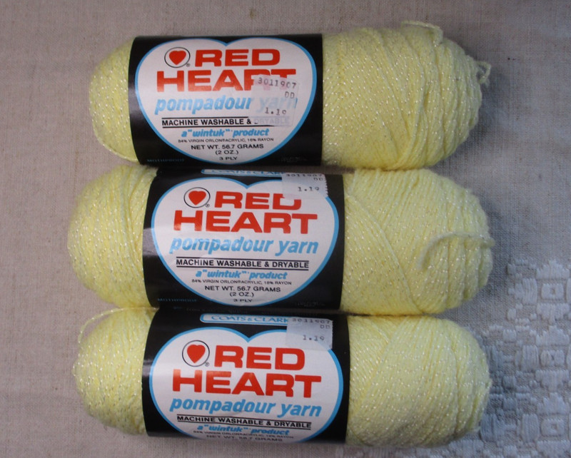 Lot of 3 - vintage Red Heart Pompadour Yarn, Baby Yellow, 2 oz, Acrylic / Rayon