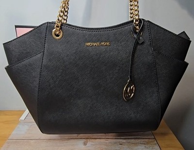 Michael Kors Jet Set Travel Large Leather Shoulder Bag   Black with Gold.