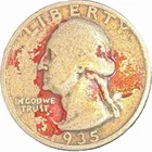 1935 90% Silver Washington Quarter Dollar Red Paint Spots. Still Good Silver.