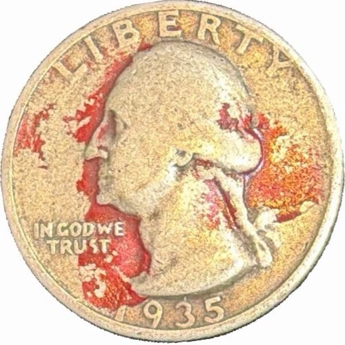 1935 90% Silver Washington Quarter Dollar Red Paint Spots. Still Good Silver.