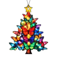 Butterfly Tree Christmas Ornaments 2025, Colorful Acrylic Suncatcher Effect O...