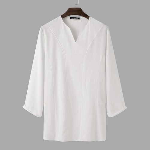 Summer Mens Linen CottonV-Neck Shirt Formal V-Neck Long Sleeve Tops T Shirt Tee - Picture 14 of 15