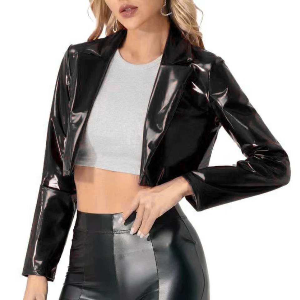 Women Patent Leather Coat Jacket Cardigan Crop Tops Punk Shiny Retro Casual - Image 4 of 4