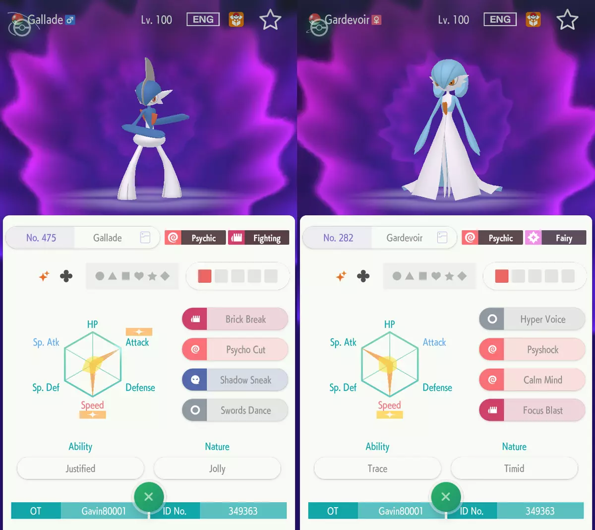 Pokemon Sword And Shield Shiny Gardevoir and Gallade Bundle 6IV Battle Ready