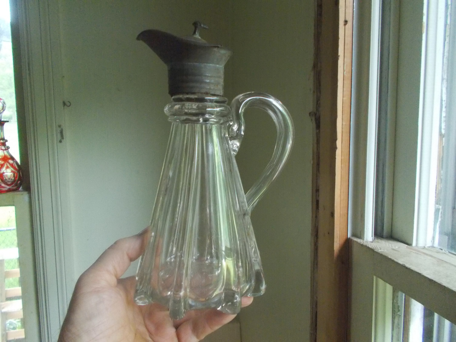 1850s PONTILED PITTSBURGH PILLAR MOLD MOLASSES PITCHER W/ORIGINAL TIN