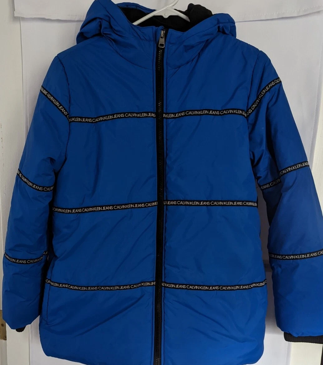 Calvin Klein Jeans Unisex Boy Girl Teen Blue Hooded Puffer Jacket Coat 14 16