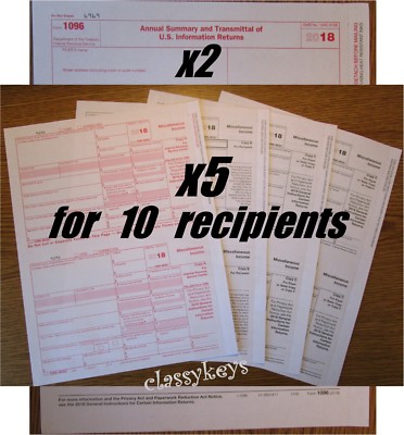 2018 IRS Tax Form 1099-MISC Laser 10 recipients+(2)1096 #TF6103 4-pt -- NO Env
