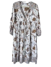 R. Vivimos Midi Dress M 8/10 Floral Ivory Gold  3/4 Slv V Neck Boho Rope Tassels