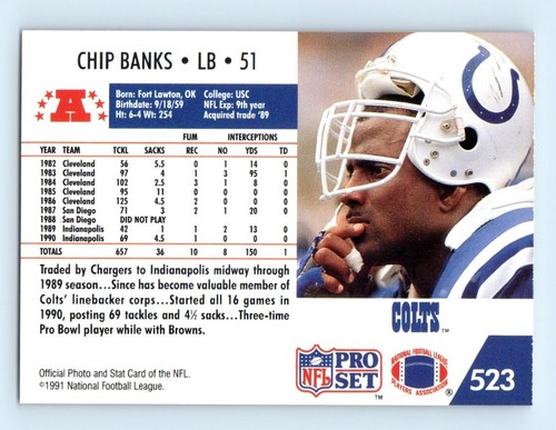 1991 Pro Set Chip Banks Indianapolis Colts #523 - Picture 2 of 2