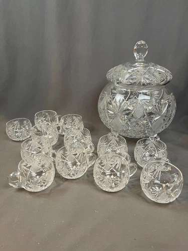 Vintage fans crosshatch Glass Cup Punch Bowl Vintage Set with Lid 12 Cups 3537