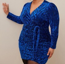 Torrid Blue Velvet Party Dress Size 30 Burn Out Lined Front Slit Long Sleeve