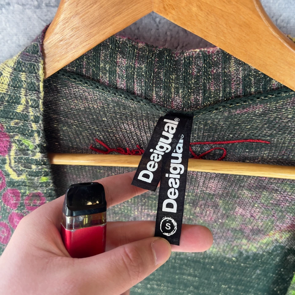 Cárdigan Desigual Boho Drapeado Verde Rojo Floral Arte Tejido Suéter Chaqueta S Foto 4 de 4