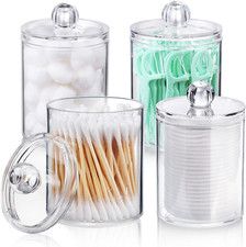 4 PACK Qtip Holder Dispenser Cotton Ball Swab Round Pads Floss Picks 10oz Clear