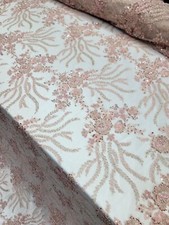 Pink Blush Beaded Lace Floral Embroidered Sequins Mesh Prom Fabric Sold By Yard