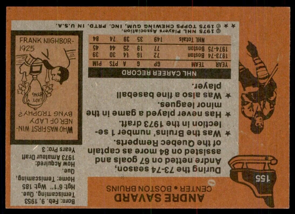 1975-76 Topps Hockey Card Andre Savard , Boston Bruins #155 - Image 2 of 2