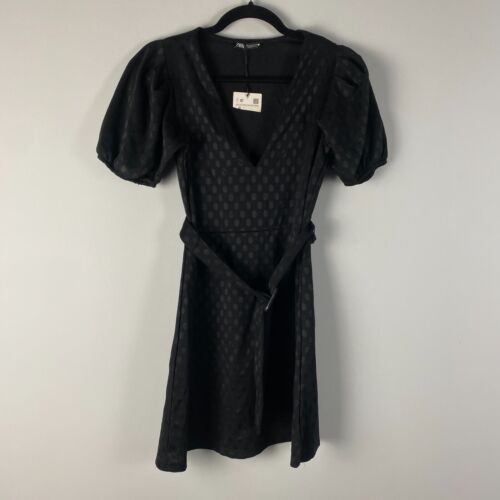 ZARA Mini Dress Womens Small Black Polka Dot Short Puff Sleeve Belted V Neck - Picture 1 of 11