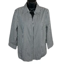 M NEW Laura Scott Black White Gingham Checkered Button Down Top Medium