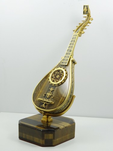 VINTAGE GERMAN 800 SILVER GOLD WASHED TIGERS EYE MINIATURE MANDOLIN ON STAND