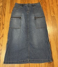 Vintage Y2K 90s Gloria Denim Maxi Skirt Cargo Side Zips 100 Cotton Women  s 8