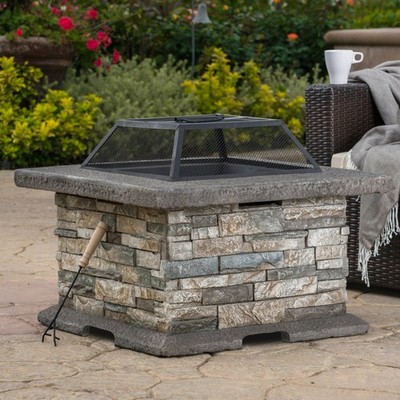 28'' Square Wood Burning Fire Pit-Complete Set w/MGO Stone Base，Mesh Cover & Tool