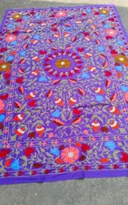 Suzani Embroidery Bedspread Purple Floral Cotton Wall Hanging Boho Decor Large