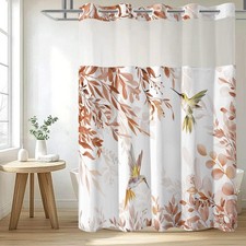 No Hook Shower Curtain with Snap in Liner Set, Red Hummingbird Eucalyptus Des...