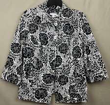 Charter Club Medium Black White Floral Button Front Jacket 3/4 Sleeves Cotton