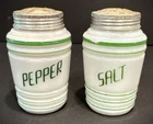 Vintage Hazel Glass Atlas Green Belt Salt & Pepper Shaker Milk Glass Barrel *TBz
