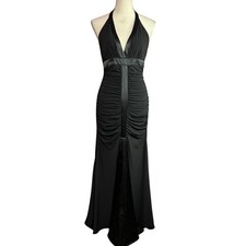 Vintage Cache Dress Maxi Gown Size 4 Black Ruched Mermaid Shimmer Train Stretch